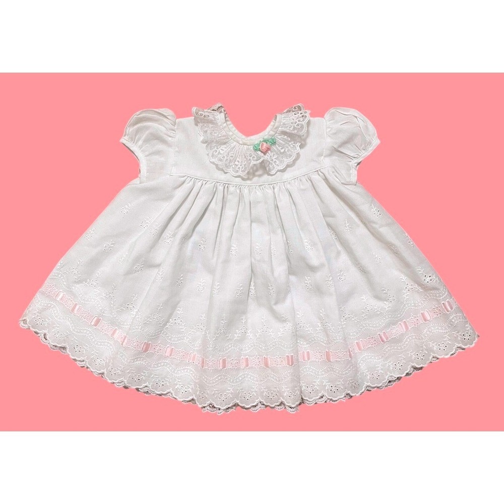 Vintage Dress White Eyelet Lace Pink Ribbon Saks Fifth Avenue C.I. Castro